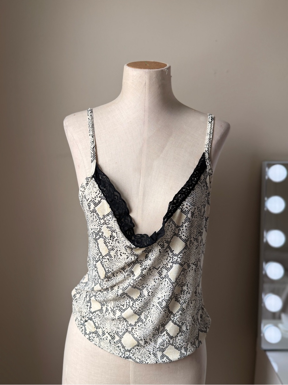 MKM Designs Y2K Snakeskin Lace Trim Cowl Neck Cami Top